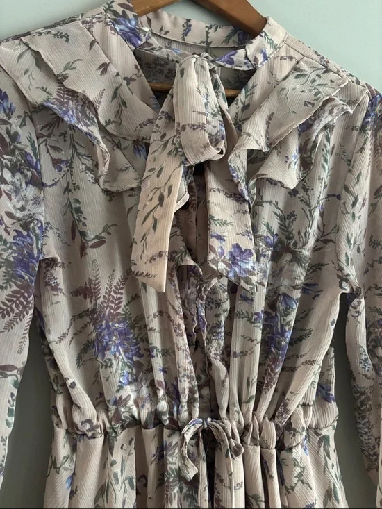 Korean Floral Tie-Neck Long Sleeve Midi Dress in Blush - Picture 3 of 9